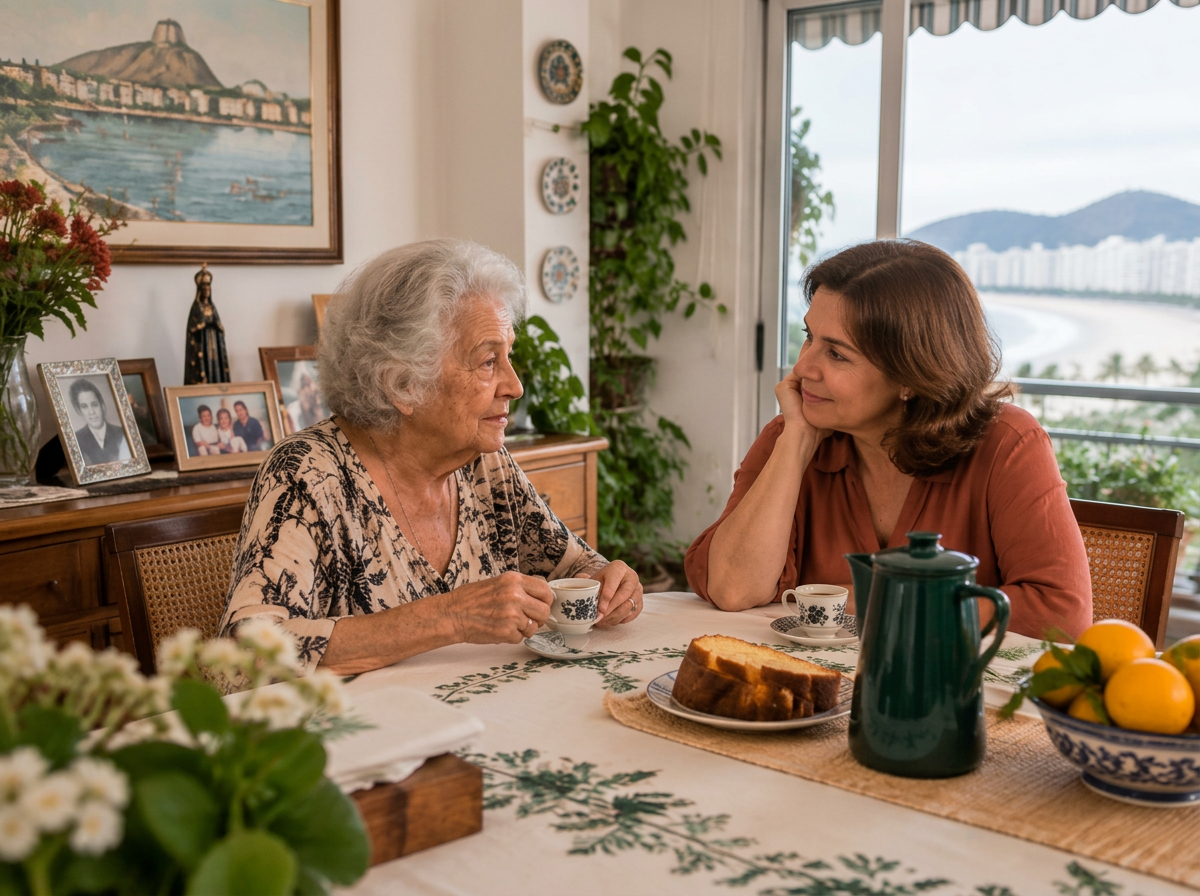 Mãe e filha conversam em casa